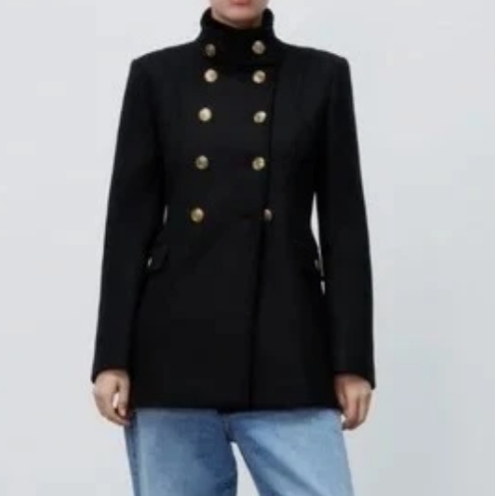 Zara Black Pea Coat with Gold Buttons